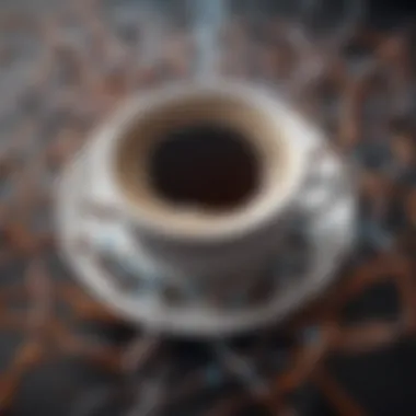 Caffeine's Role in Thyroid Metabolism An abstract depiction of metabolic pathways with caffeine molecules, demonstrating biochemical interactions affecting thyroid metabolism.