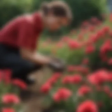 Sustainable Gardening with Dianthus A gardener tending to a Dianthus patch, emphasizing sustainable gardening practices and care techniques.