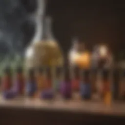 A diffuser emitting aromatic mist surrounded by essential oil bottles