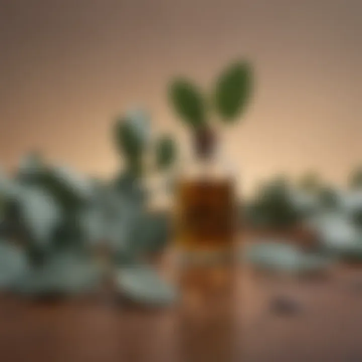 Eucalyptus leaves and essential oil bottle on a bright background
