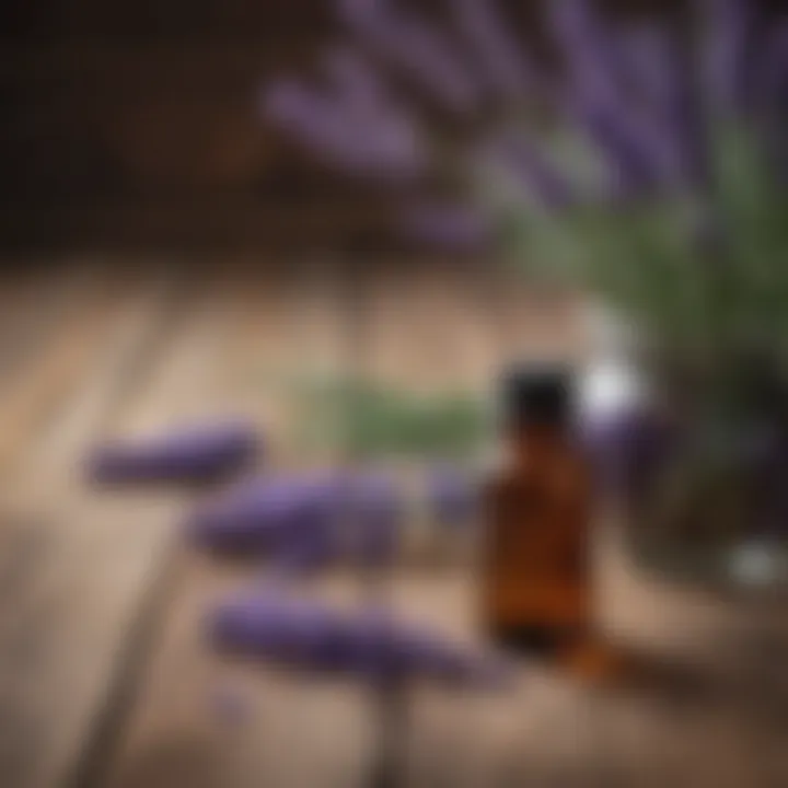 Lavender flowers and essential oil bottle on a rustic wooden surface