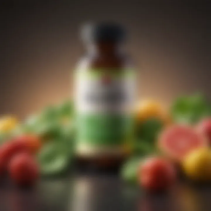 A vibrant supplement bottle containing Acetyl L-Carnitine amidst fresh fruits and vegetables