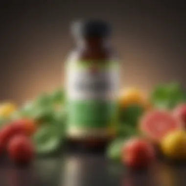 Acetyl L-Carnitine Supplement and Nutrition A vibrant supplement bottle containing Acetyl L-Carnitine amidst fresh fruits and vegetables