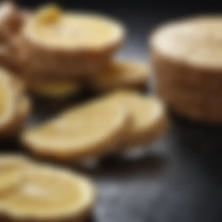 A close-up of ginger slices showcasing their natural oils