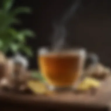 A steaming cup of ginger tea with herbs and spices