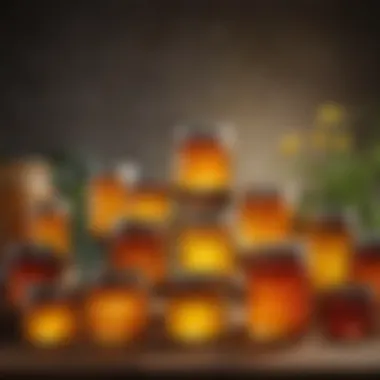 An arrangement of various types of honey jars highlighting their diverse textures and colors.