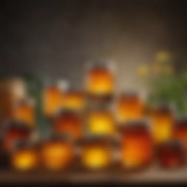 An arrangement of various types of honey jars highlighting their diverse textures and colors.
