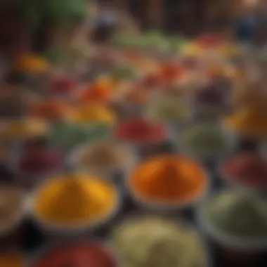 A colorful spice market bustling with a variety of herbs and spices.