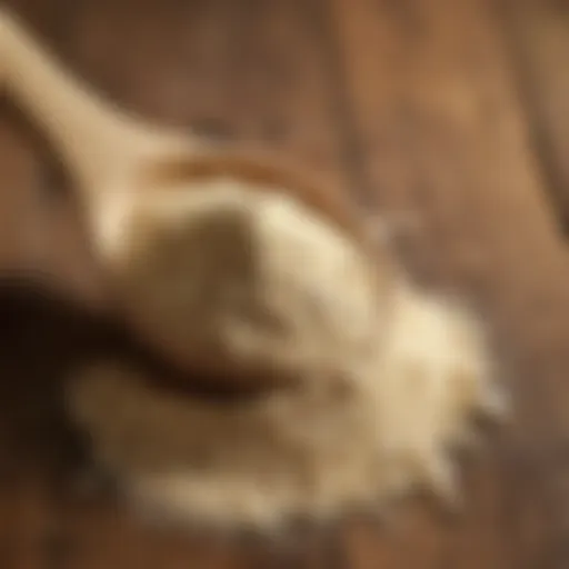 A close-up view of garlic powder in a wooden spoon