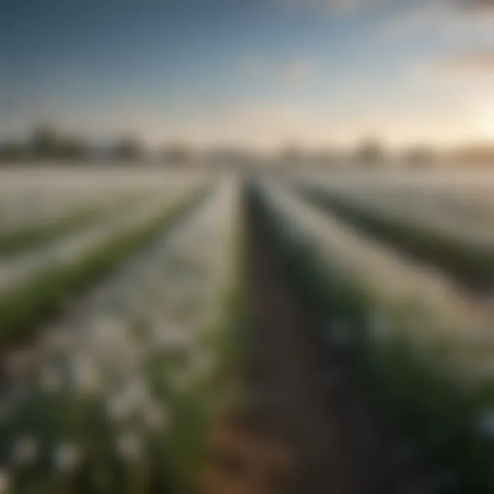 A serene landscape of garlic fields under a blue sky