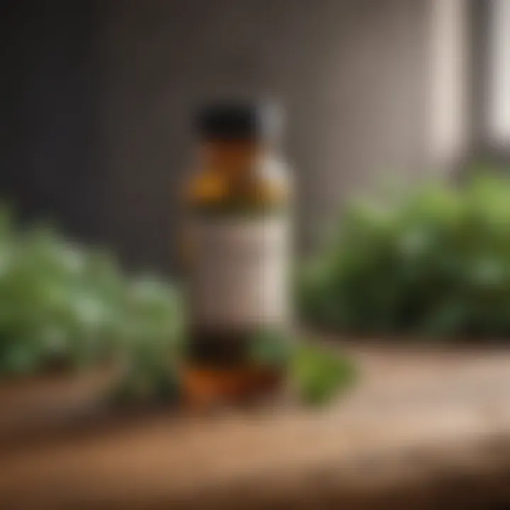 A modern herbal supplement bottle on a wooden table, symbolizing contemporary uses of herbs.