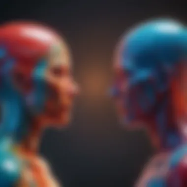 Vibrant Communication Dynamics Two abstract figures communicating through vibrant colors