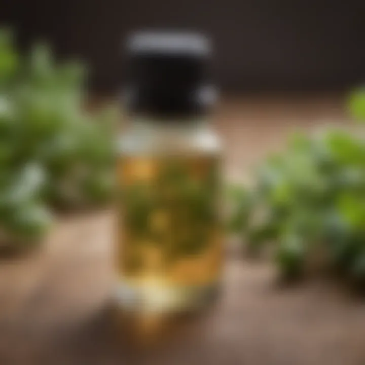 A close-up view of oregano essential oil in a glass bottle