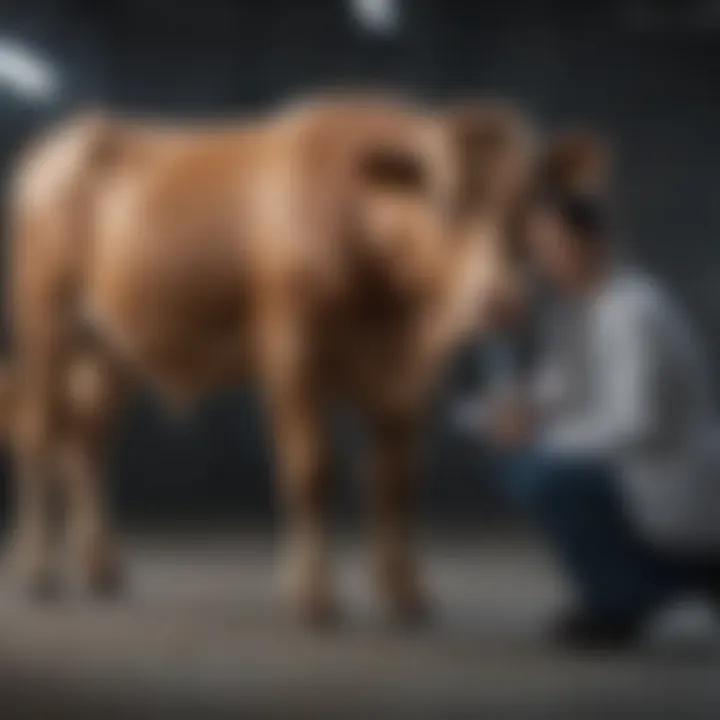 Veterinarian examining a calf with vaccination equipment, highlighting the implementation of vaccination protocols.