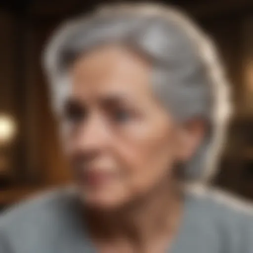 An elderly woman contemplating her hair condition