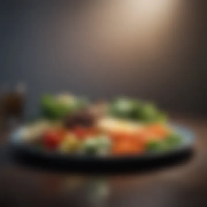 Close-up of a balanced plate featuring carbohydrates, proteins, and vegetables