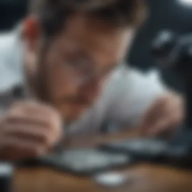Forensic expert examining tablets under a microscope